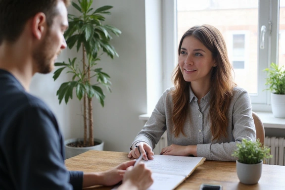 Eine Person in einem Beratungsgespräch mit einem Ernährungsberater, der Notizen macht, während der Klient spricht.